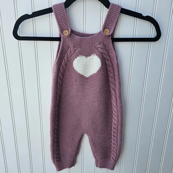 Boutique Pink Sweater Cable Knit Heart Overalls for Kids Girls 6-9 Months - Picture 5 of 5